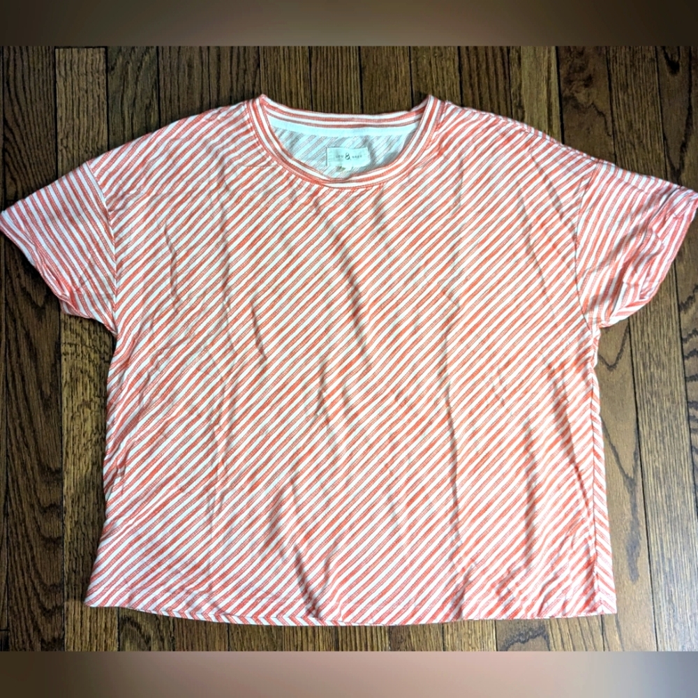 EUC Lou & Grey boxy fit crewneck t-shirt with textured vivid orange stripes - Picture 2 of 7